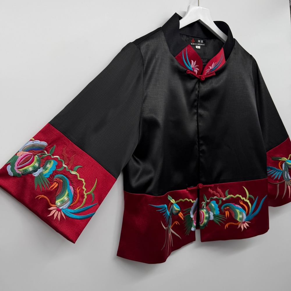 Embroidered Oriental Embroidered Jacket Womens Large 3/4 Sleeve Satin Dragon - Picture 2 of 12